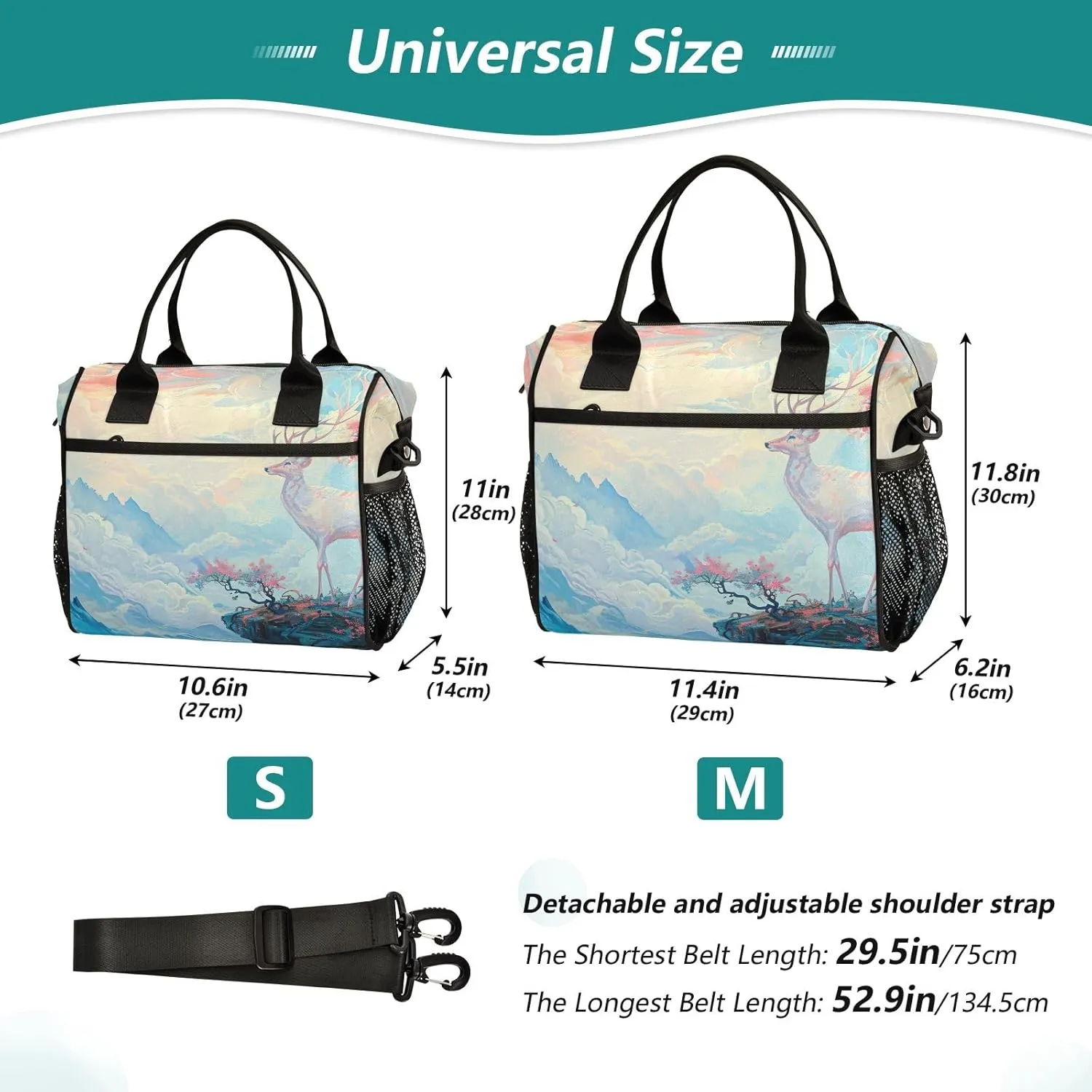 Adult Lunch Box Insulated Lunch Bag Watercolor Deer and Flowers Tree on The Cliff Large Cooler Tote Bag for Work Picnic or Travel with Adjustable Shoulder Strap
