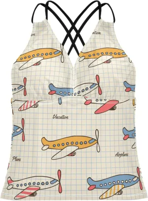 Aflyko Women Tankini Tops Air Plane Vintage Vehicle Cross Back Swim Shirts