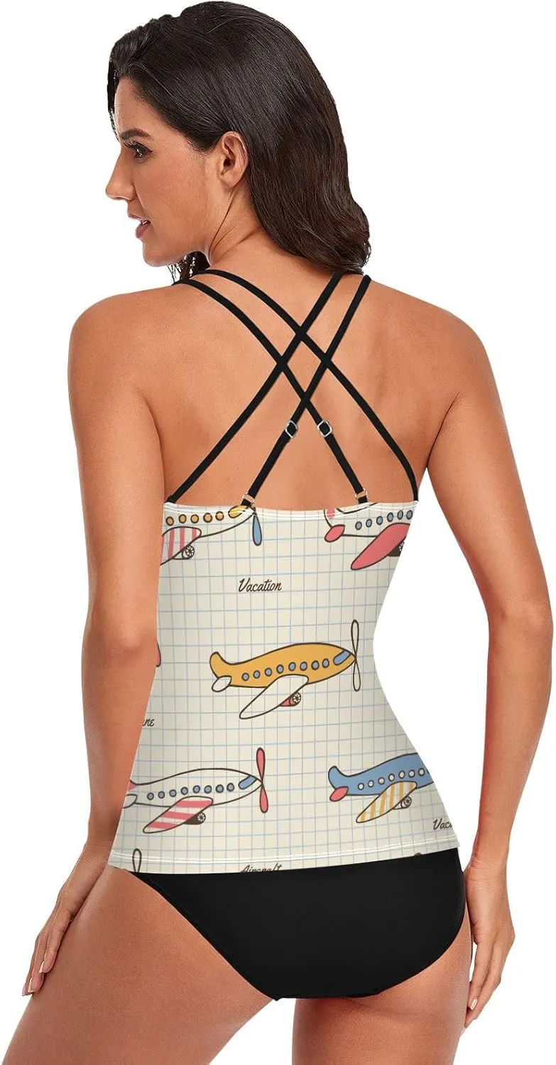 Aflyko Women Tankini Tops Air Plane Vintage Vehicle Cross Back Swim Shirts