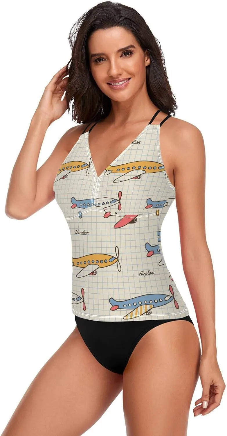 Aflyko Women Tankini Tops Air Plane Vintage Vehicle Cross Back Swim Shirts