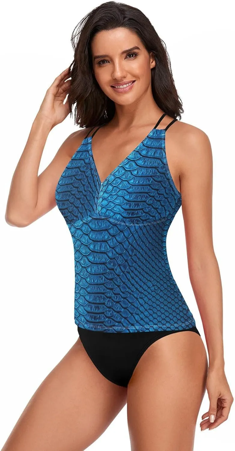 Aflyko Women Tankini Tops Fancy Snakeskin Luxury Blue Cross Back Swim Shirts