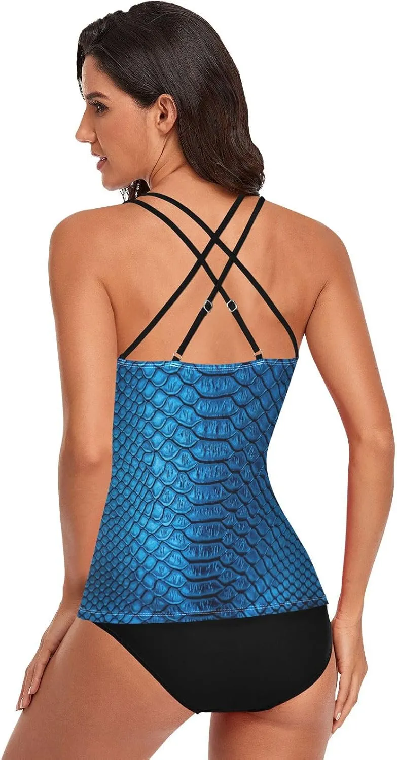 Aflyko Women Tankini Tops Fancy Snakeskin Luxury Blue Cross Back Swim Shirts