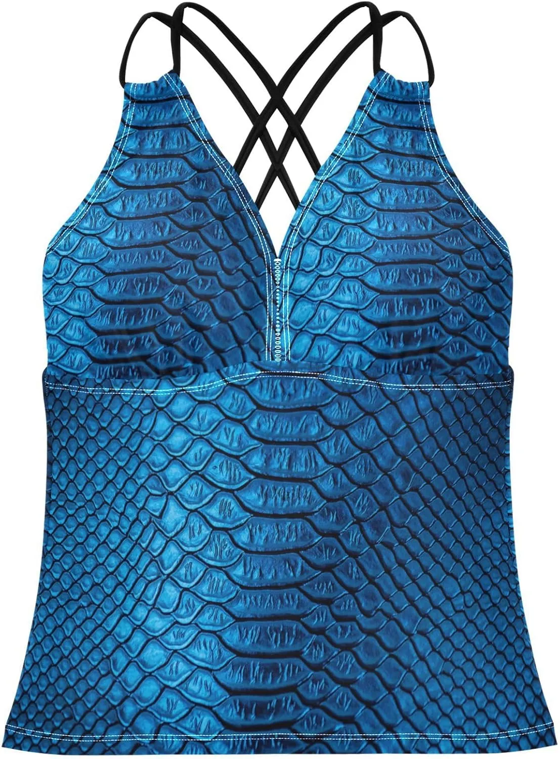 Aflyko Women Tankini Tops Fancy Snakeskin Luxury Blue Cross Back Swim Shirts