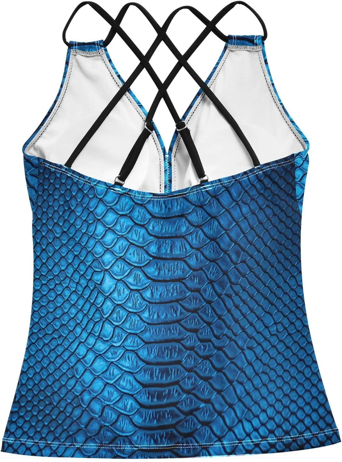 Aflyko Women Tankini Tops Fancy Snakeskin Luxury Blue Cross Back Swim Shirts