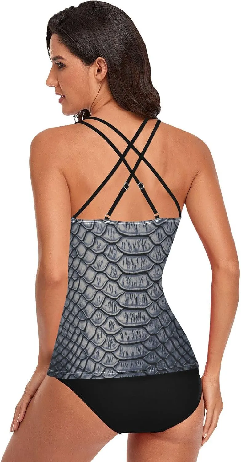 Aflyko Women Tankini Tops Fancy Snakeskin Luxury Dark Purples Cross Back Swim Shirts
