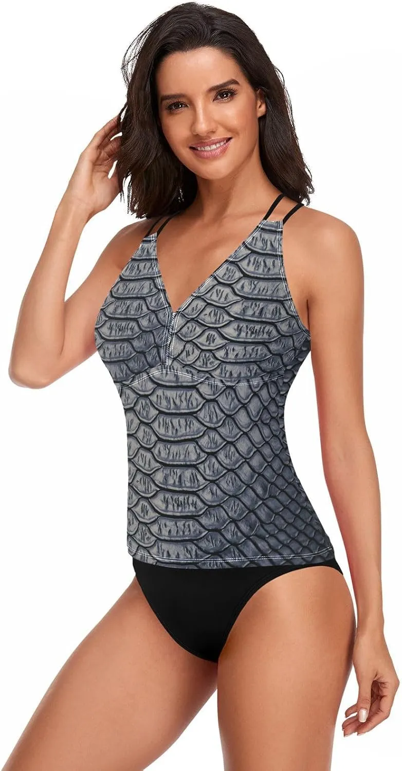 Aflyko Women Tankini Tops Fancy Snakeskin Luxury Dark Purples Cross Back Swim Shirts