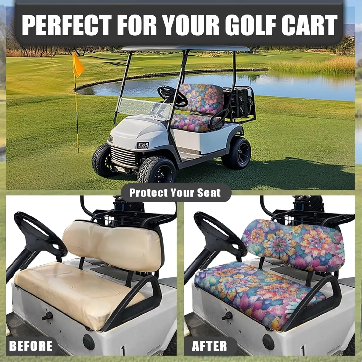 AFPANQZ Golf Cart Seat Cover - Universal Fit for Most 2-Person Golf Carts Washable Golf Cushion Protection Cover