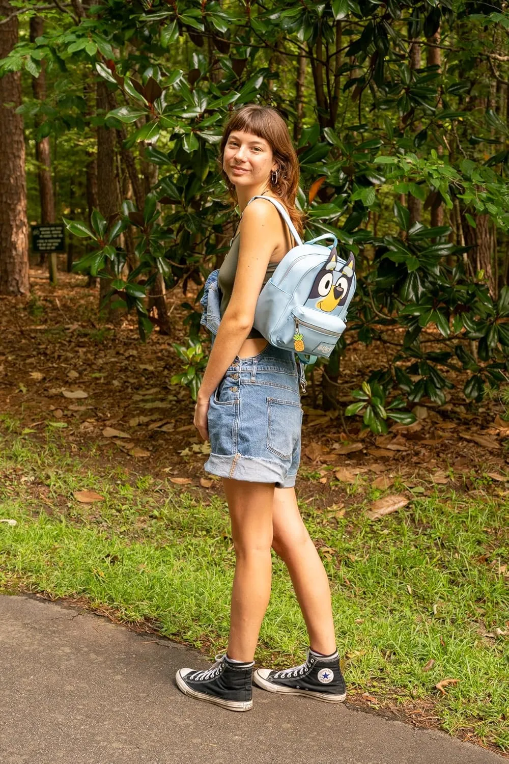 AI ACCESSORY INNOVATIONS Bluey Big Face Mini Cosplay PU Backpack Purse, Shoulder Bag with Epoxy Filled Metal Pineapple Charm, 10.5 Inch, Adjustable Straps, Faux Leather