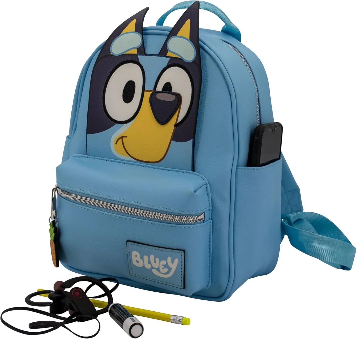 AI ACCESSORY INNOVATIONS Bluey Big Face Mini Cosplay PU Backpack Purse, Shoulder Bag with Epoxy Filled Metal Pineapple Charm, 10.5 Inch, Adjustable Straps, Faux Leather