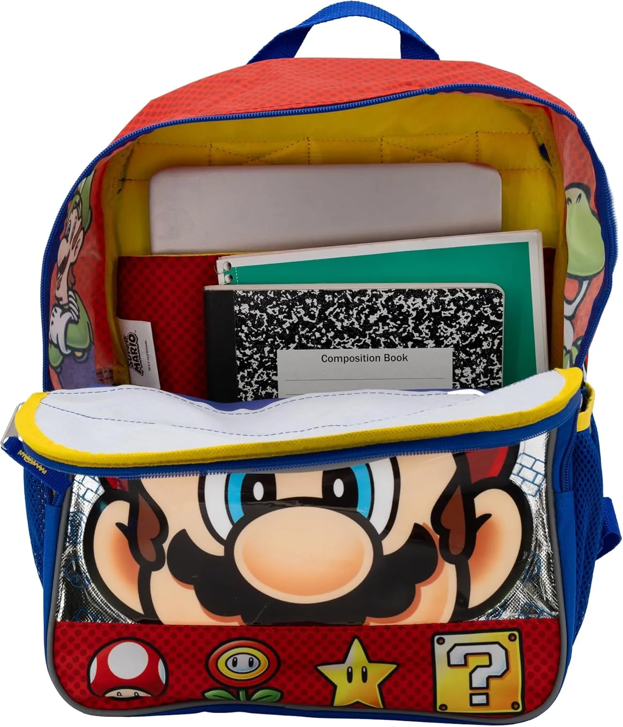 AI ACCESSORY INNOVATIONS Super Mario Brothers Backpack, 16” Nintendo School Bag Featuring a Big Face Mario, Blue & Red