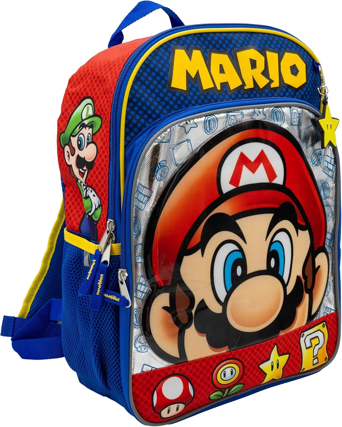AI ACCESSORY INNOVATIONS Super Mario Brothers Backpack, 16” Nintendo School Bag Featuring a Big Face Mario, Blue & Red