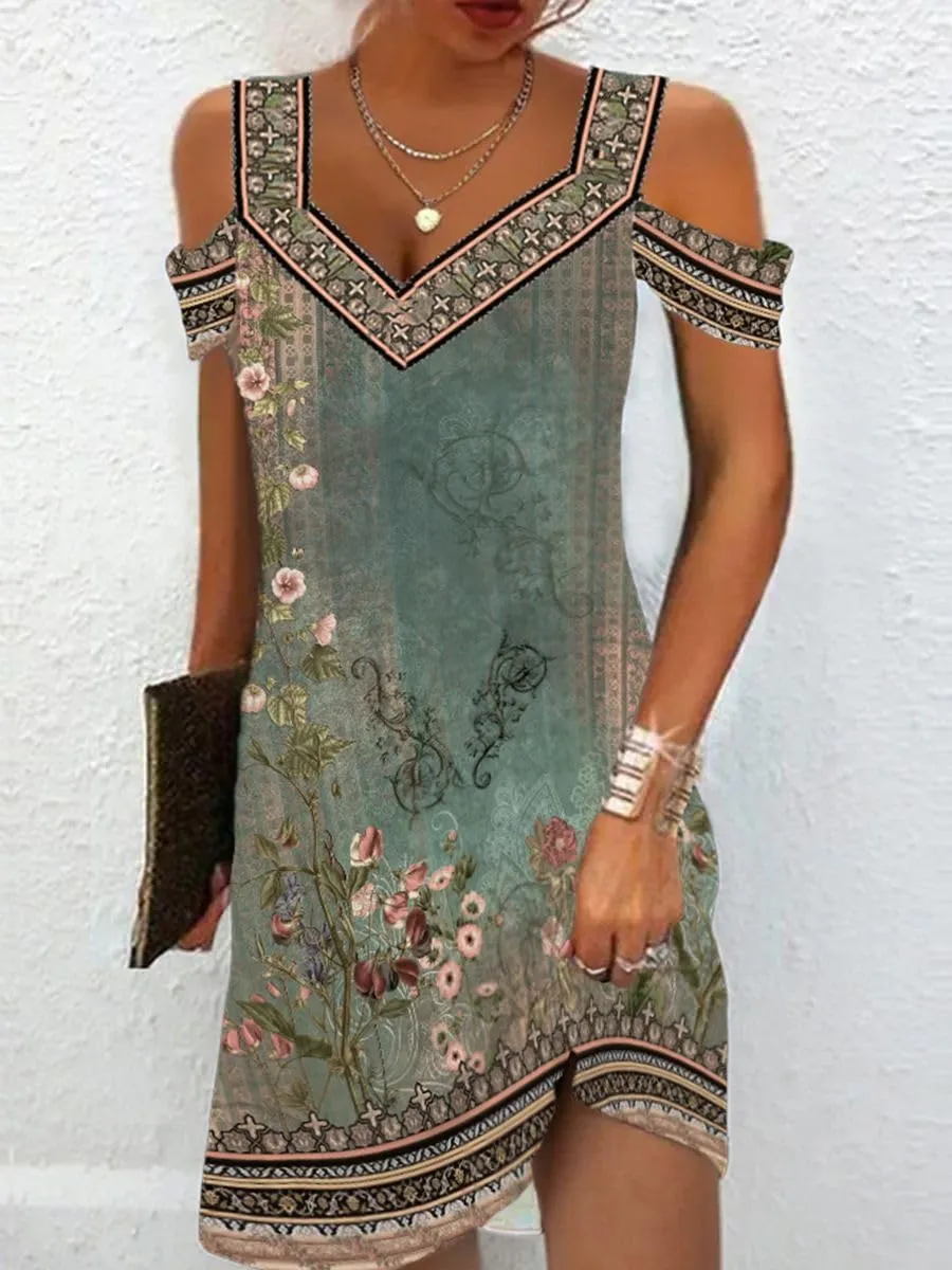Akivide Womens Floral Boho Cold Shoulder Dress Summer Beach Vacation Casual Loose Knee Length Shift Tunic Dresses