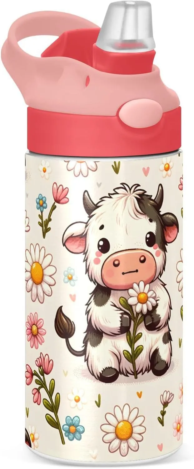 ALAZA Kawaii Cow and Flower Kids Water Bottles with Lids Straw Insulated Stainless Steel Water Bottles Double Walled Leakproof Tumbler Travel Cup for Girls Boys Toddlers 12 oz,Pink