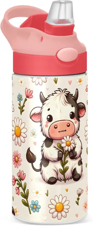 ALAZA Kawaii Cow and Flower Kids Water Bottles with Lids Straw Insulated Stainless Steel Water Bottles Double Walled Leakproof Tumbler Travel Cup for Girls Boys Toddlers 12 oz,Pink