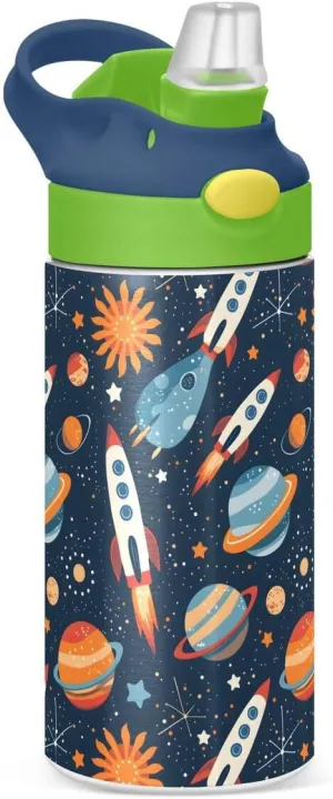 ALAZA Planet Solar System Star Space Kids Water Bottles Insulated Stainless Steel Tumbler Travel Cup Lids Straw Double Walled Leakproof 12 OZ for Boys Girls