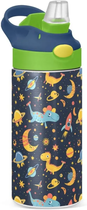 ALAZA Solar System Space Dinosaur Moon Kids Water Bottles Insulated Stainless Steel Tumbler Travel Cup Lids Straw Double Walled Leakproof 12 OZ for Boys Girls