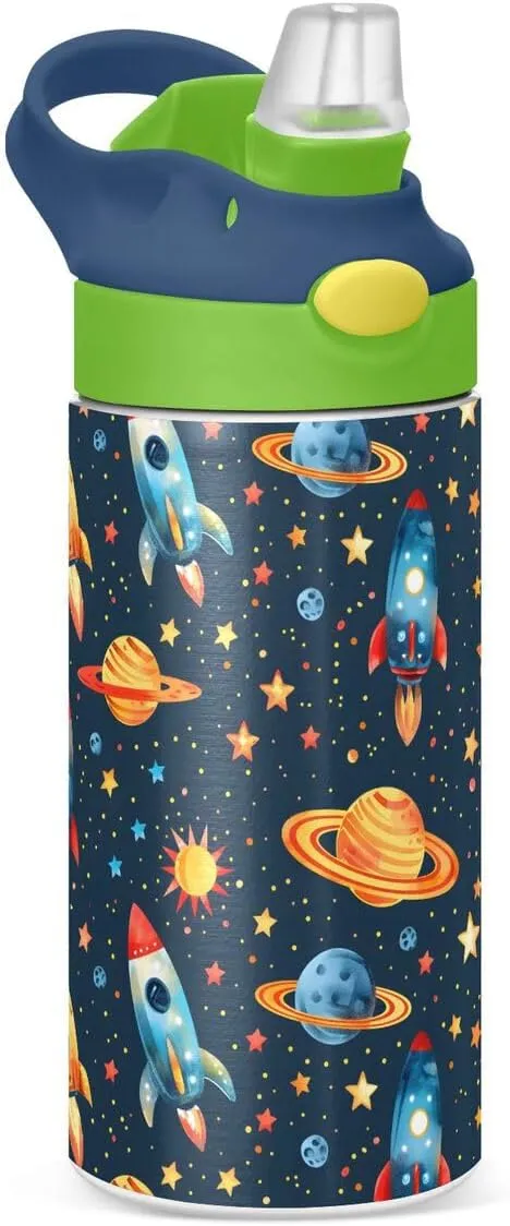 ALAZA Space Star Planet Solar System Blue Kids Water Bottles Insulated Stainless Steel Tumbler Travel Cup Lids Straw Double Walled Leakproof 12 OZ for Boys Girls