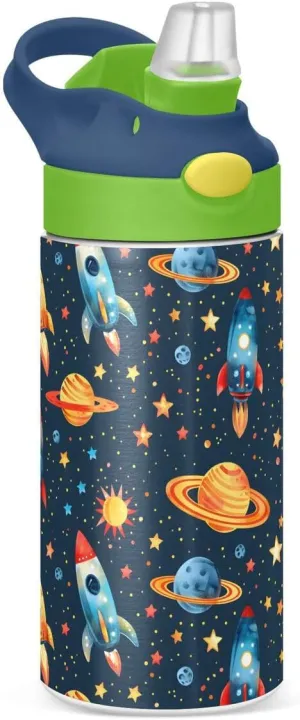 ALAZA Space Star Planet Solar System Blue Kids Water Bottles Insulated Stainless Steel Tumbler Travel Cup Lids Straw Double Walled Leakproof 12 OZ for Boys Girls
