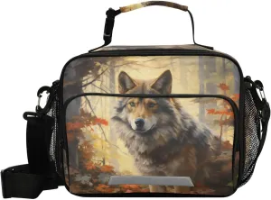 ALAZA Wolf Autumn Forest Insulated Lunch Bag Portable Reusable Cooler Lunch Tote Bag with Shoulder Strap for Women Men Work Office Picnic College