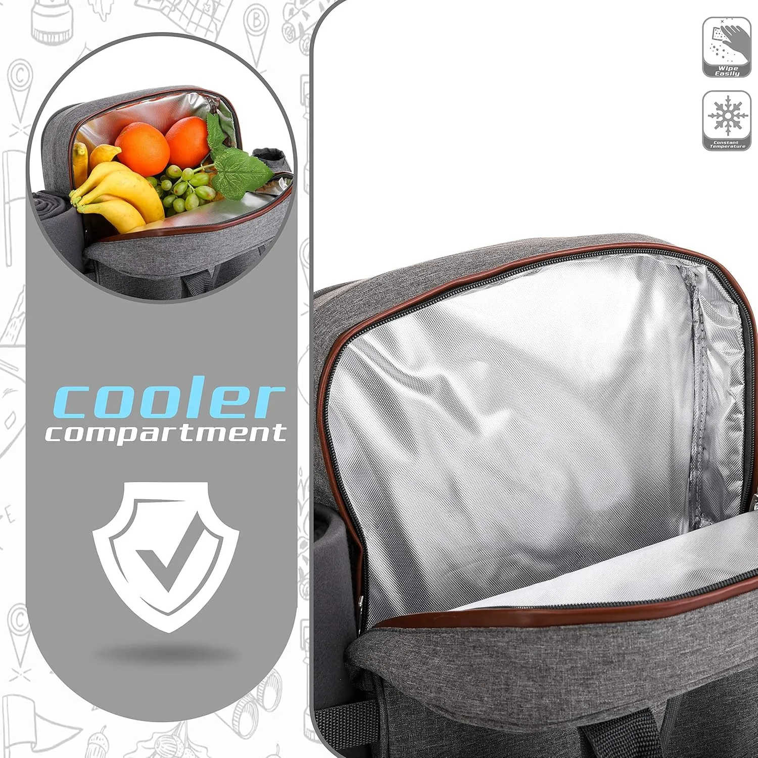 ALLCAMP OUTDOOR GEAR Picnic Backpack for 2 Person W/ Detachable Bottle/Wine Holder, Fleece Blanket, Plates and Cutlery Set (Grey)