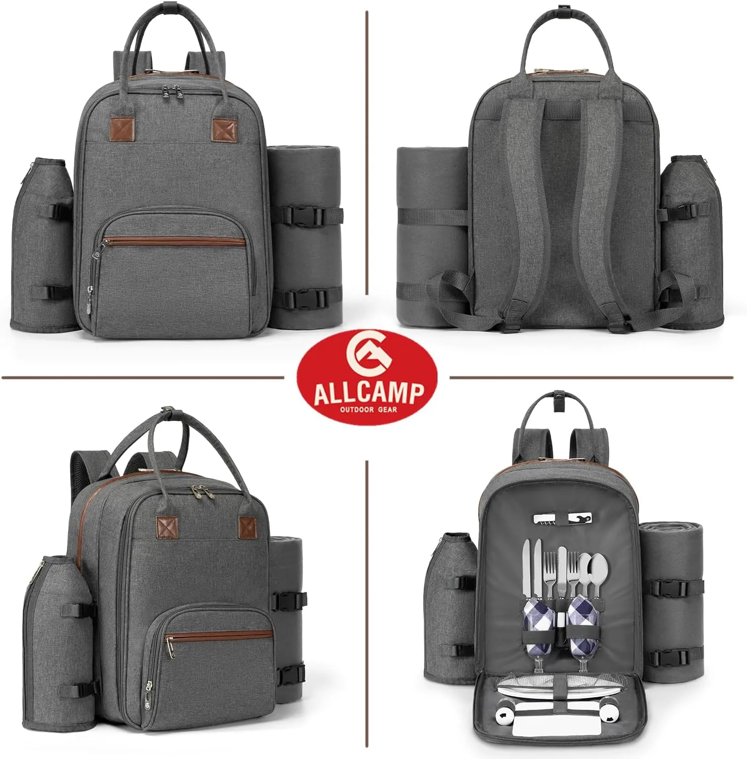 ALLCAMP OUTDOOR GEAR Picnic Backpack for 2 Person W/ Detachable Bottle/Wine Holder, Fleece Blanket, Plates and Cutlery Set (Grey)