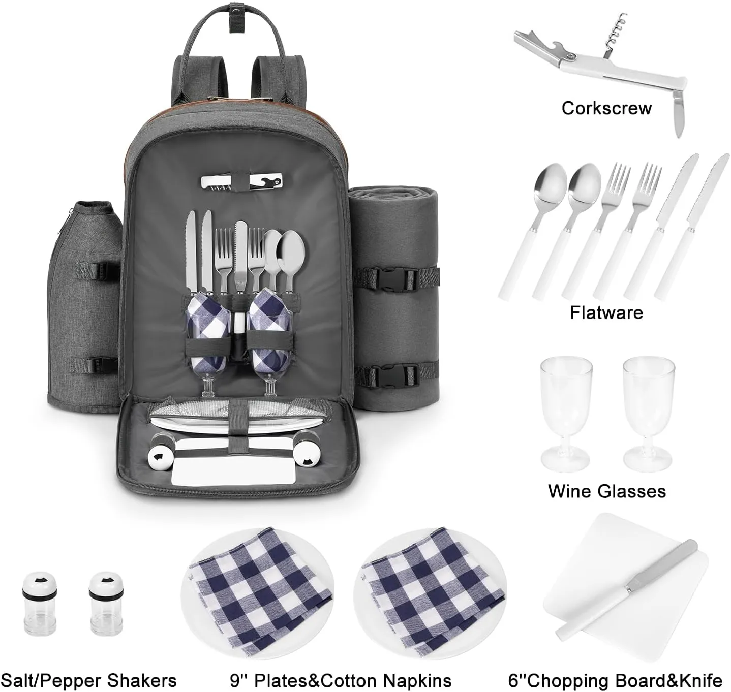 ALLCAMP OUTDOOR GEAR Picnic Backpack for 2 Person W/ Detachable Bottle/Wine Holder, Fleece Blanket, Plates and Cutlery Set (Grey)