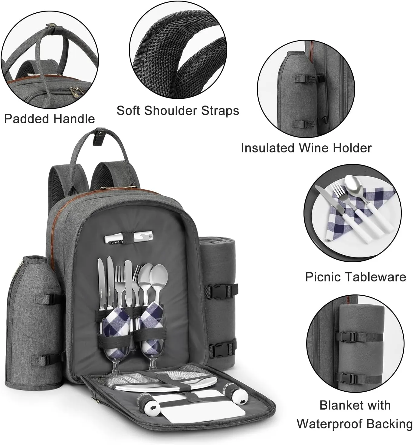 ALLCAMP OUTDOOR GEAR Picnic Backpack for 2 Person W/ Detachable Bottle/Wine Holder, Fleece Blanket, Plates and Cutlery Set (Grey)