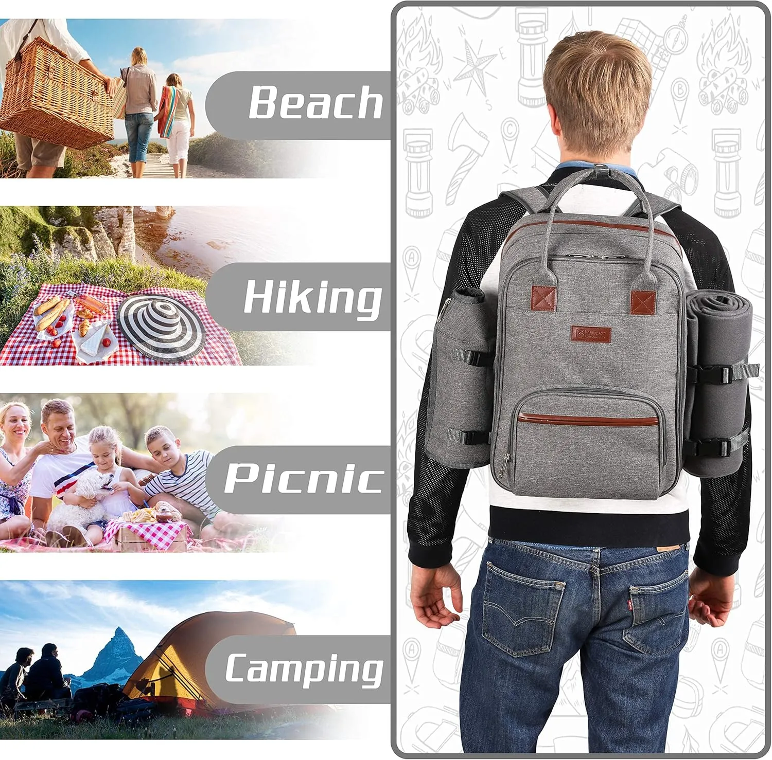ALLCAMP OUTDOOR GEAR Picnic Backpack for 2 Person W/ Detachable Bottle/Wine Holder, Fleece Blanket, Plates and Cutlery Set (Grey)