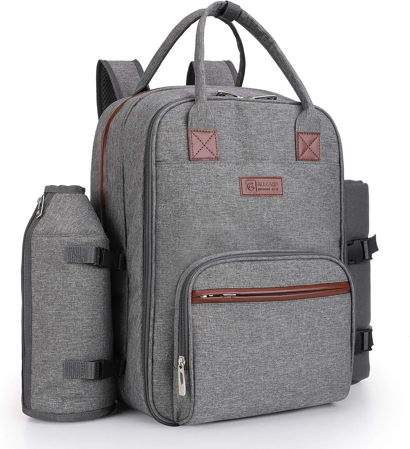 ALLCAMP OUTDOOR GEAR Picnic Backpack for 4 Person W/ Detachable Wine Holder, Insulated Food Compartment and Picnic Cutlery for Family Outdoor Camping and Gift (Grey)