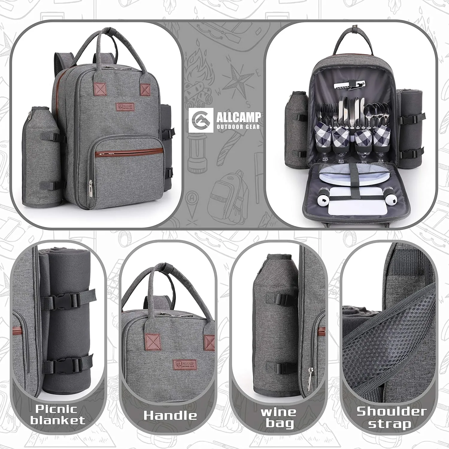 ALLCAMP OUTDOOR GEAR Picnic Backpack for 4 Person W/ Detachable Wine Holder, Insulated Food Compartment and Picnic Cutlery for Family Outdoor Camping and Gift (Grey)