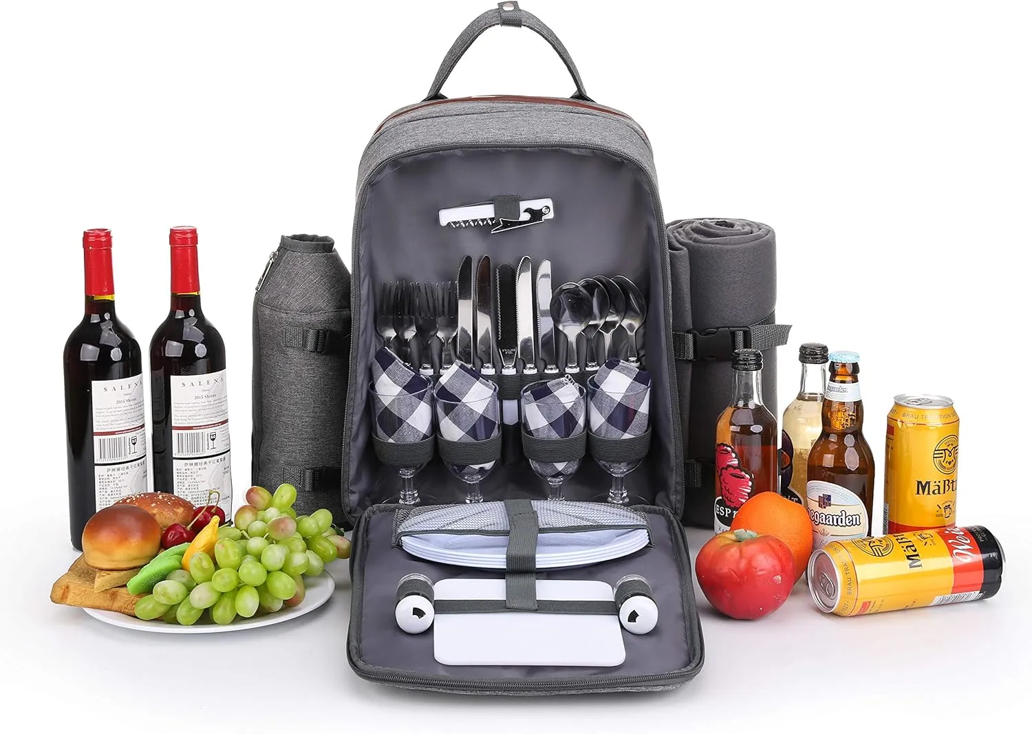 ALLCAMP OUTDOOR GEAR Picnic Backpack for 4 Person W/ Detachable Wine Holder, Insulated Food Compartment and Picnic Cutlery for Family Outdoor Camping and Gift (Grey)