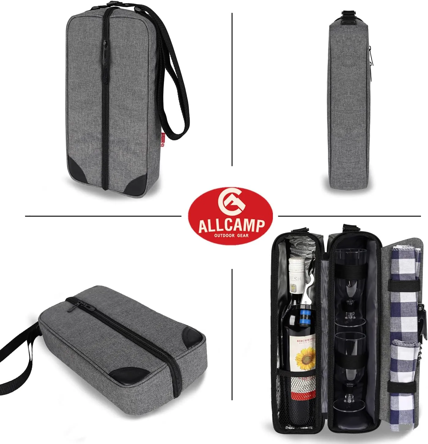 ALLCAMP Wine Tote Bag with Cooler Compartment，Picnic Set Carrying Two Sets of Tableware（Gray）