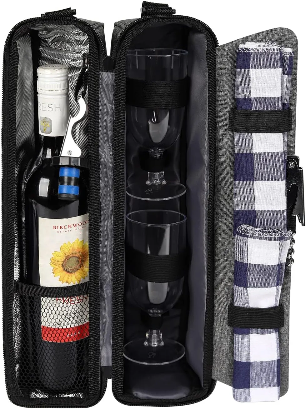 ALLCAMP Wine Tote Bag with Cooler Compartment，Picnic Set Carrying Two Sets of Tableware（Gray）
