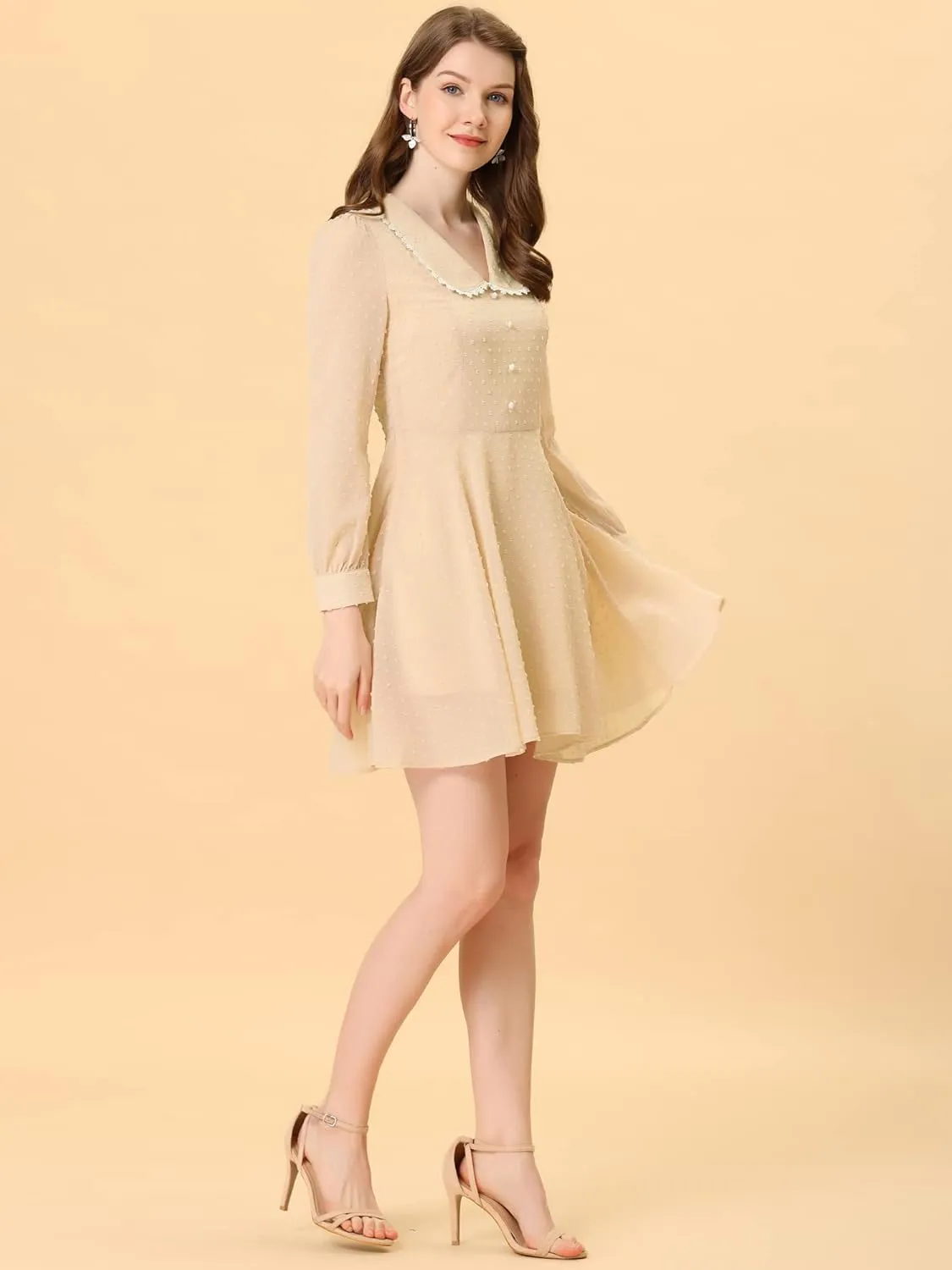 Allegra K Women's Peter Pan Collar Crochet Trim Long Sleeve Swiss Dots Retro Mini Dress