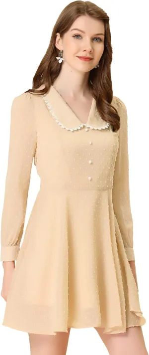 Allegra K Women's Peter Pan Collar Crochet Trim Long Sleeve Swiss Dots Retro Mini Dress