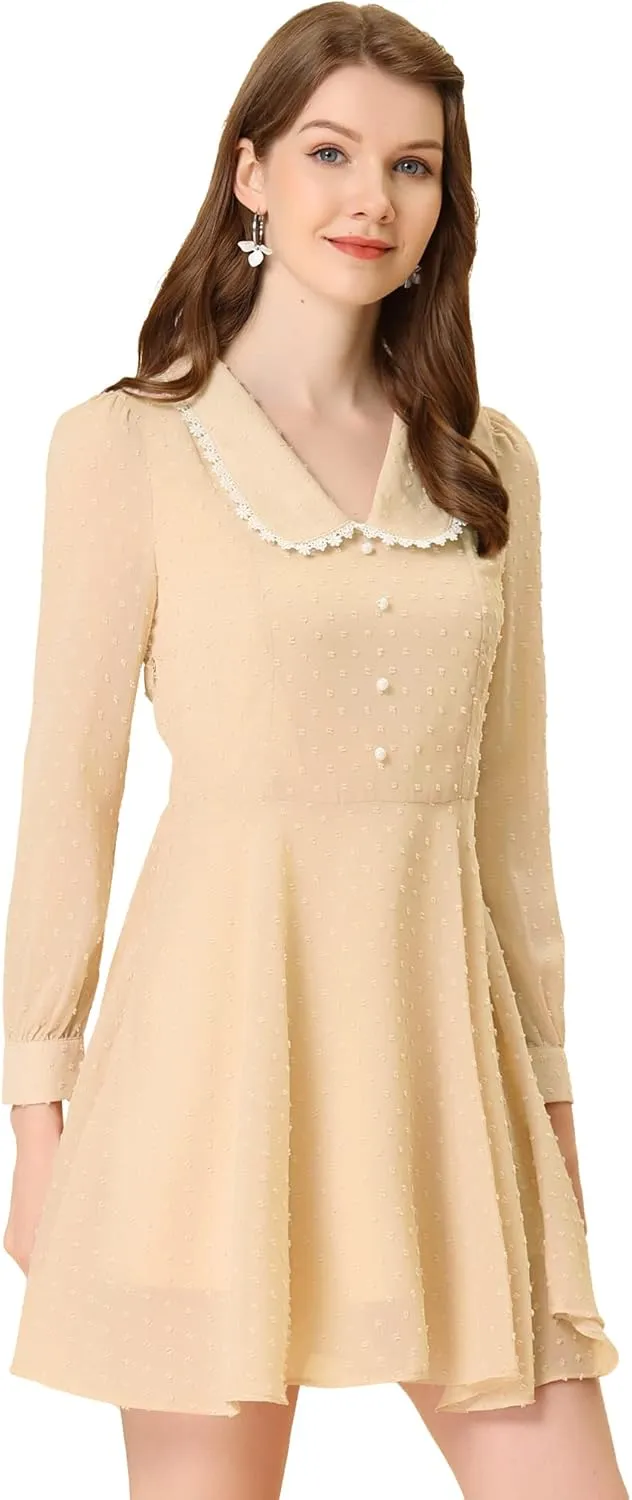 Allegra K Women's Peter Pan Collar Crochet Trim Long Sleeve Swiss Dots Retro Mini Dress
