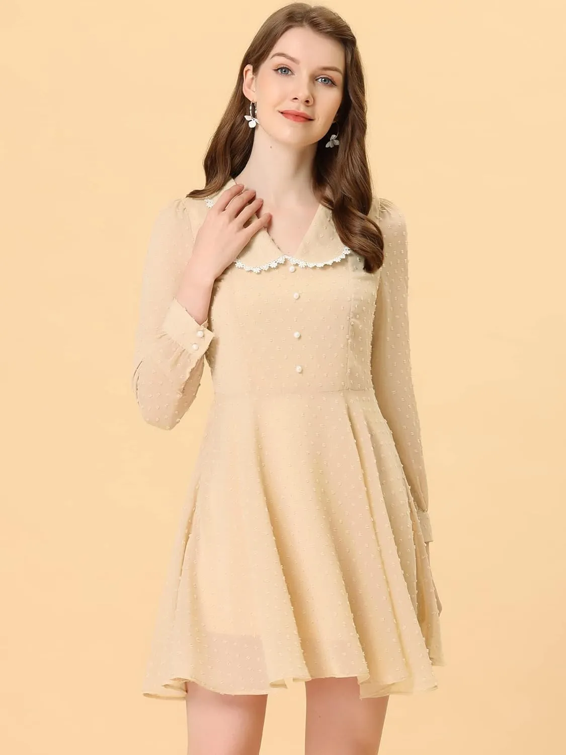 Allegra K Women's Peter Pan Collar Crochet Trim Long Sleeve Swiss Dots Retro Mini Dress