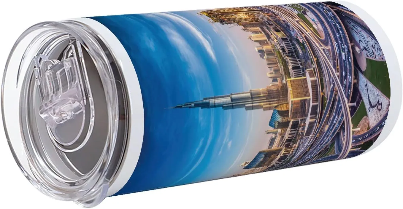 Ambesonne City 12 Oz Skinny Tumbler, Panoramic View of Dubai Cityscape High Rise Buildings Traffic Roads, Vacuum Insulated Travel Canteen Cup Leakproof for Travel Picnic, Blue Ivory Marigold
