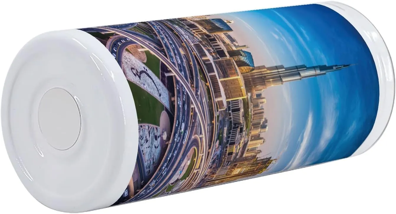 Ambesonne City 12 Oz Skinny Tumbler, Panoramic View of Dubai Cityscape High Rise Buildings Traffic Roads, Vacuum Insulated Travel Canteen Cup Leakproof for Travel Picnic, Blue Ivory Marigold
