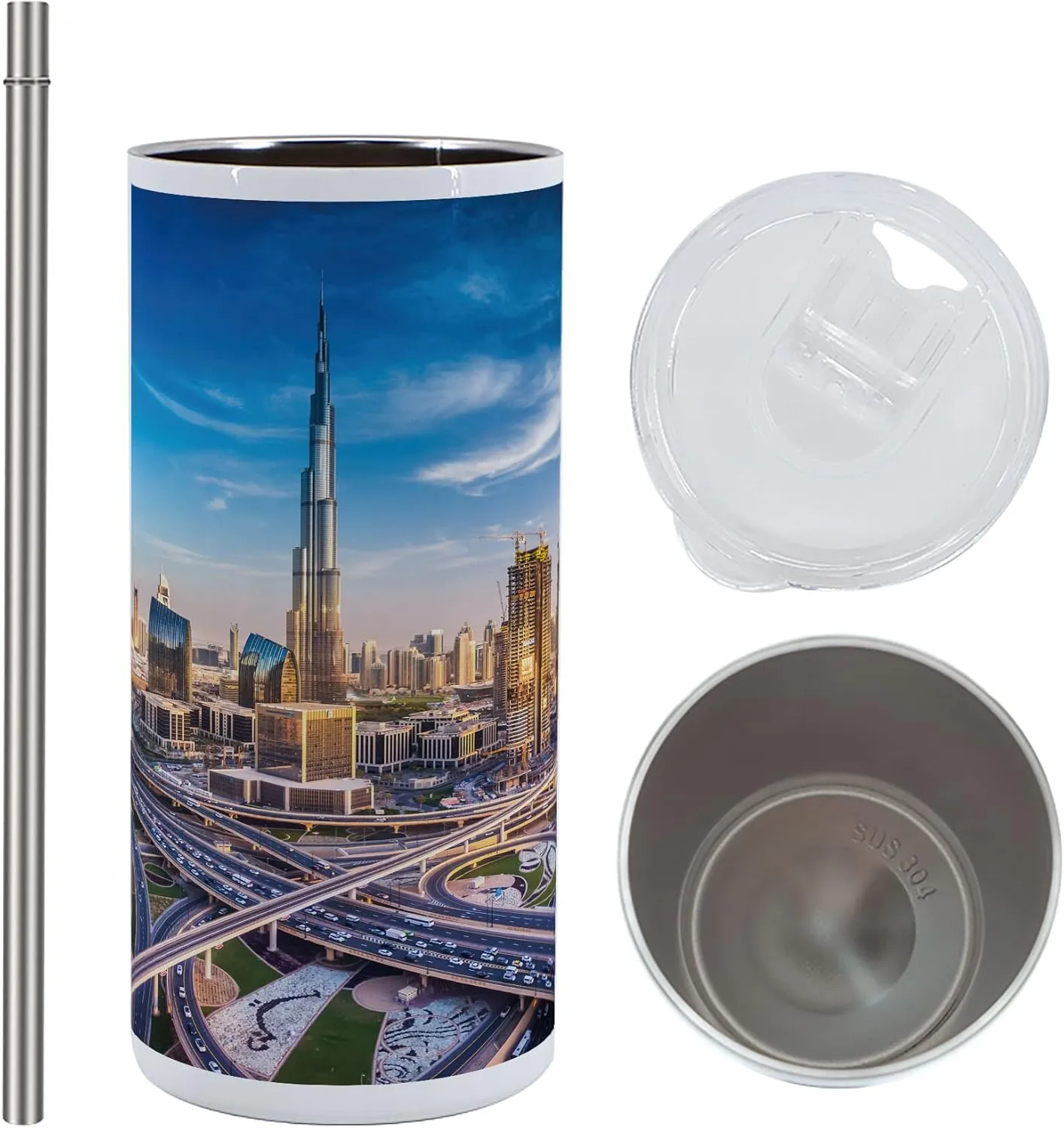 Ambesonne City 12 Oz Skinny Tumbler, Panoramic View of Dubai Cityscape High Rise Buildings Traffic Roads, Vacuum Insulated Travel Canteen Cup Leakproof for Travel Picnic, Blue Ivory Marigold