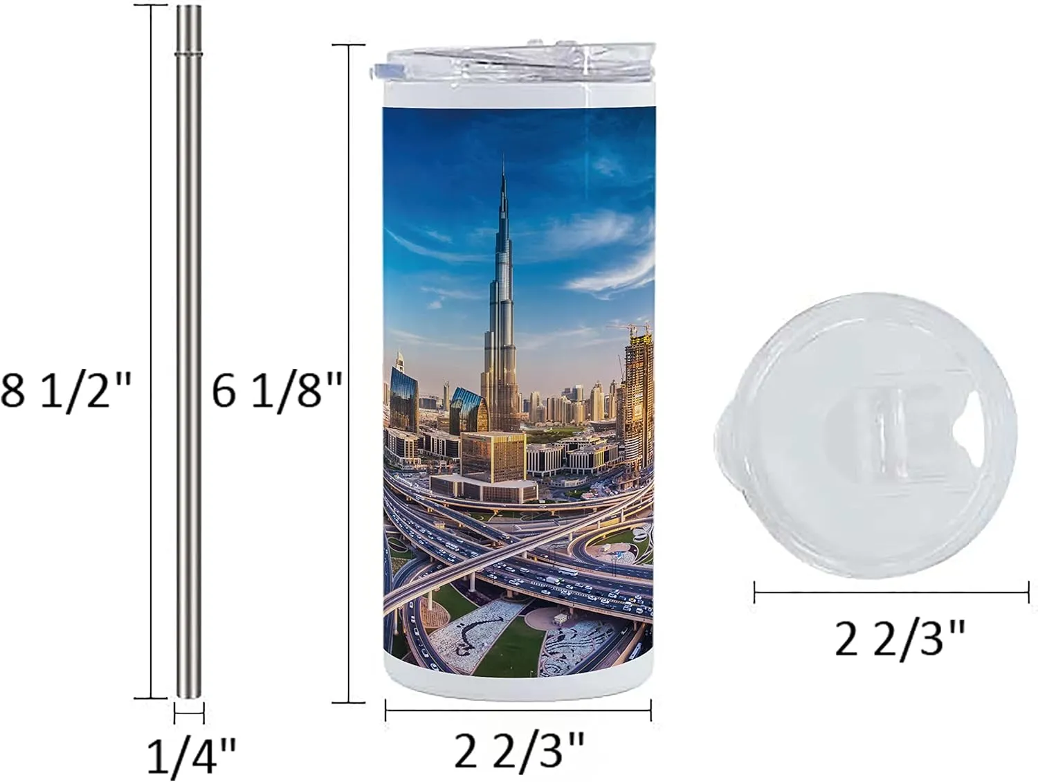 Ambesonne City 12 Oz Skinny Tumbler, Panoramic View of Dubai Cityscape High Rise Buildings Traffic Roads, Vacuum Insulated Travel Canteen Cup Leakproof for Travel Picnic, Blue Ivory Marigold