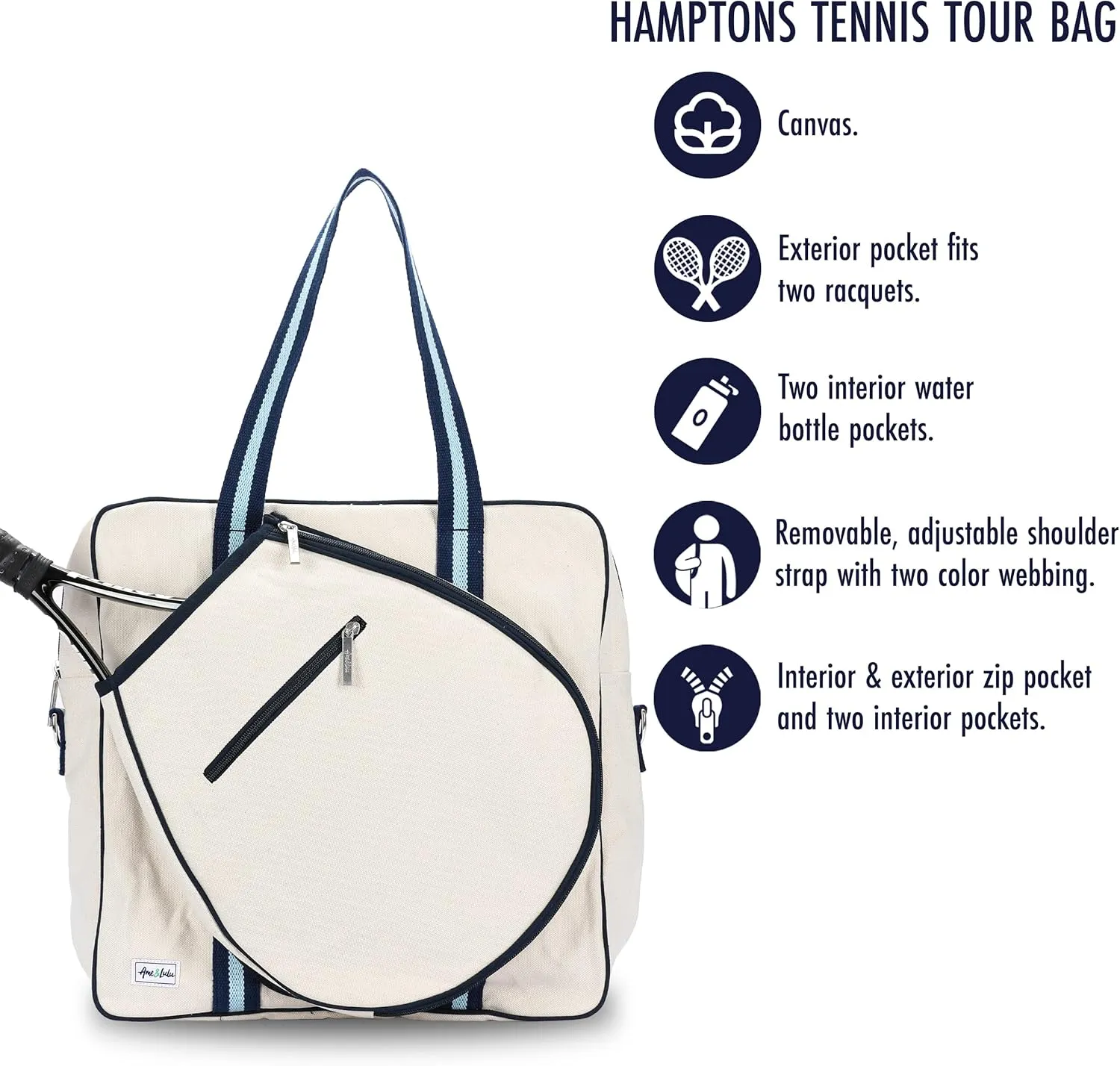 Ame & Lulu Hamptons Tennis Tour Bag - Removable Adjustable Straps - Exterior Pocket Fits Two Racquets