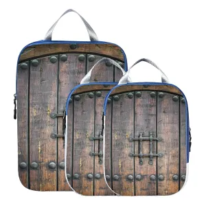 Ancient Wooden Door Vintage Retro Brown Wood Door 3 Piece set Cubes Expandable Adjustable Luggage Packing Bags, Ultralight Organizer Accessories Travel Suitcase Compressible Bags
