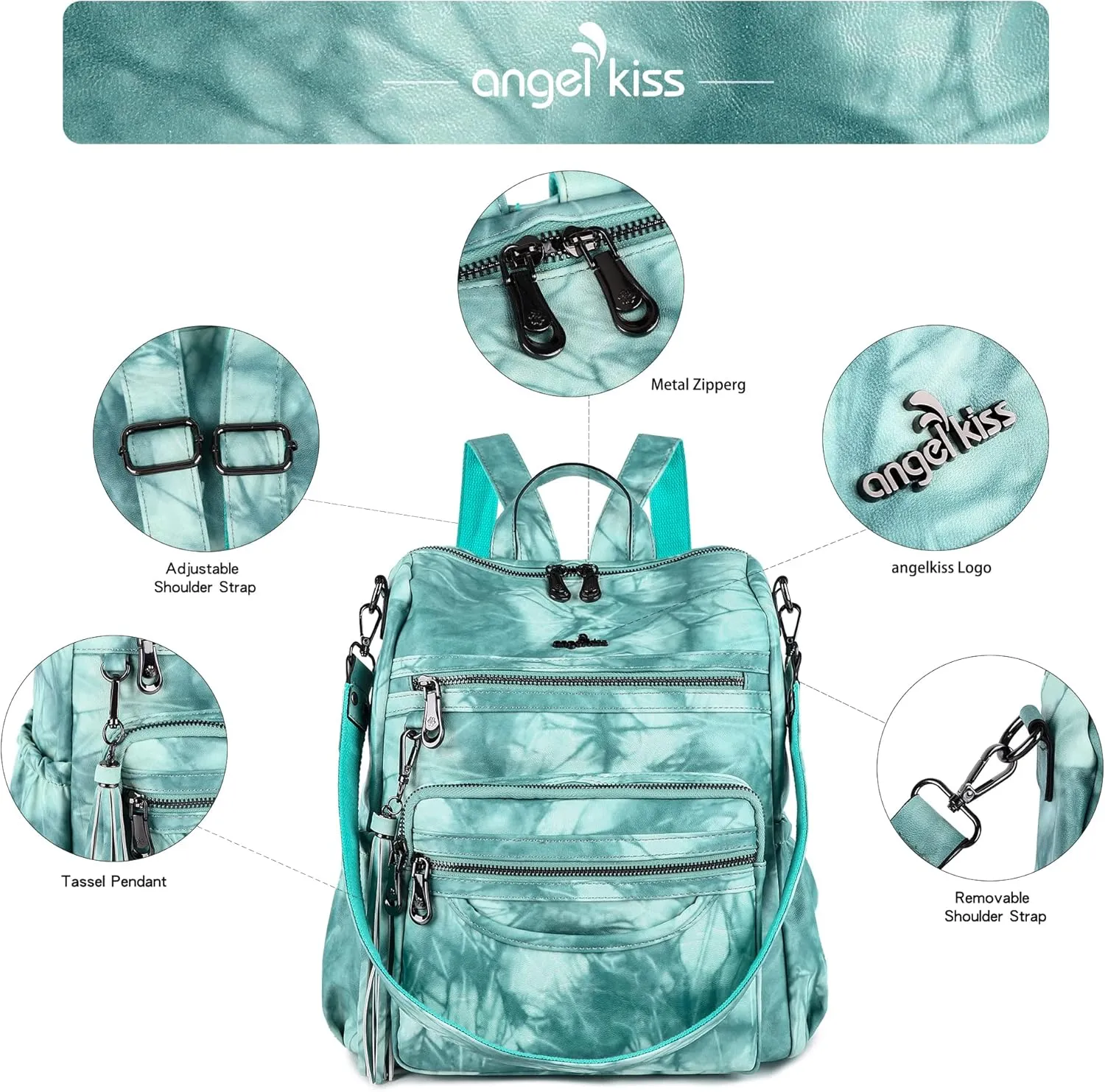 Angel Kiss Women's Backpacks & Purse - PU Leather Zipper Casual Backpacks & Shoulder Bags