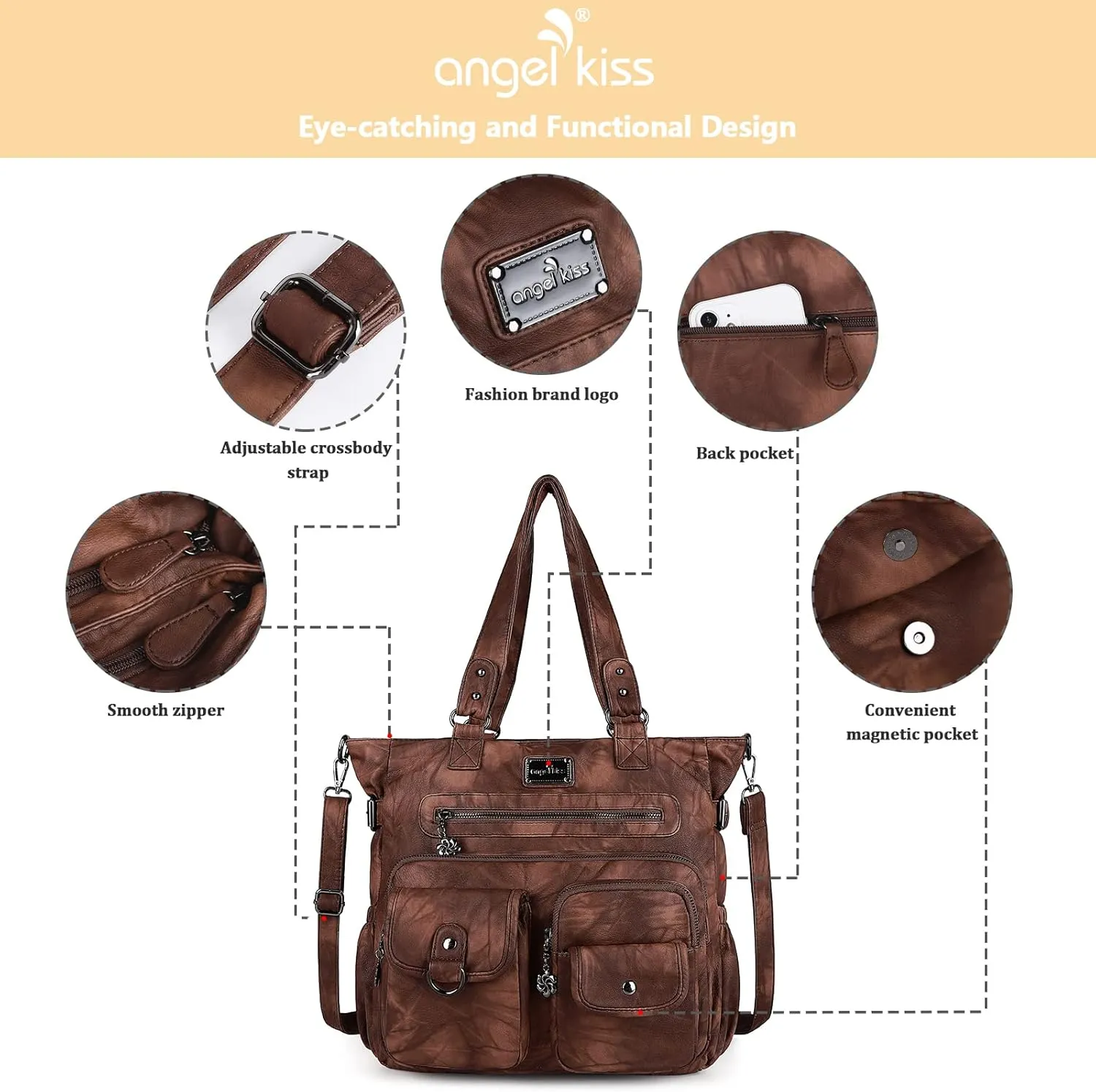 Angelkiss Purses Handbags for Women PU Tote Satchel Bags for Women Pockets Shoulder Bags…