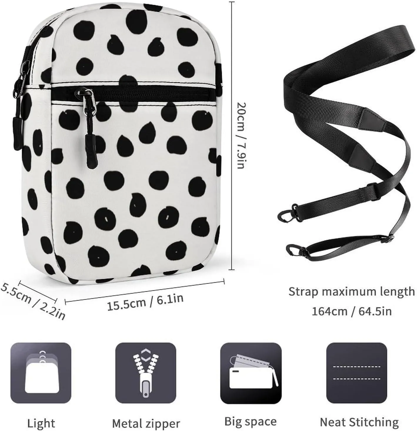 Animal Print Dots Black White Dalmatian Detachable Shoulder Strap Small Shoulder Bag Unisex
