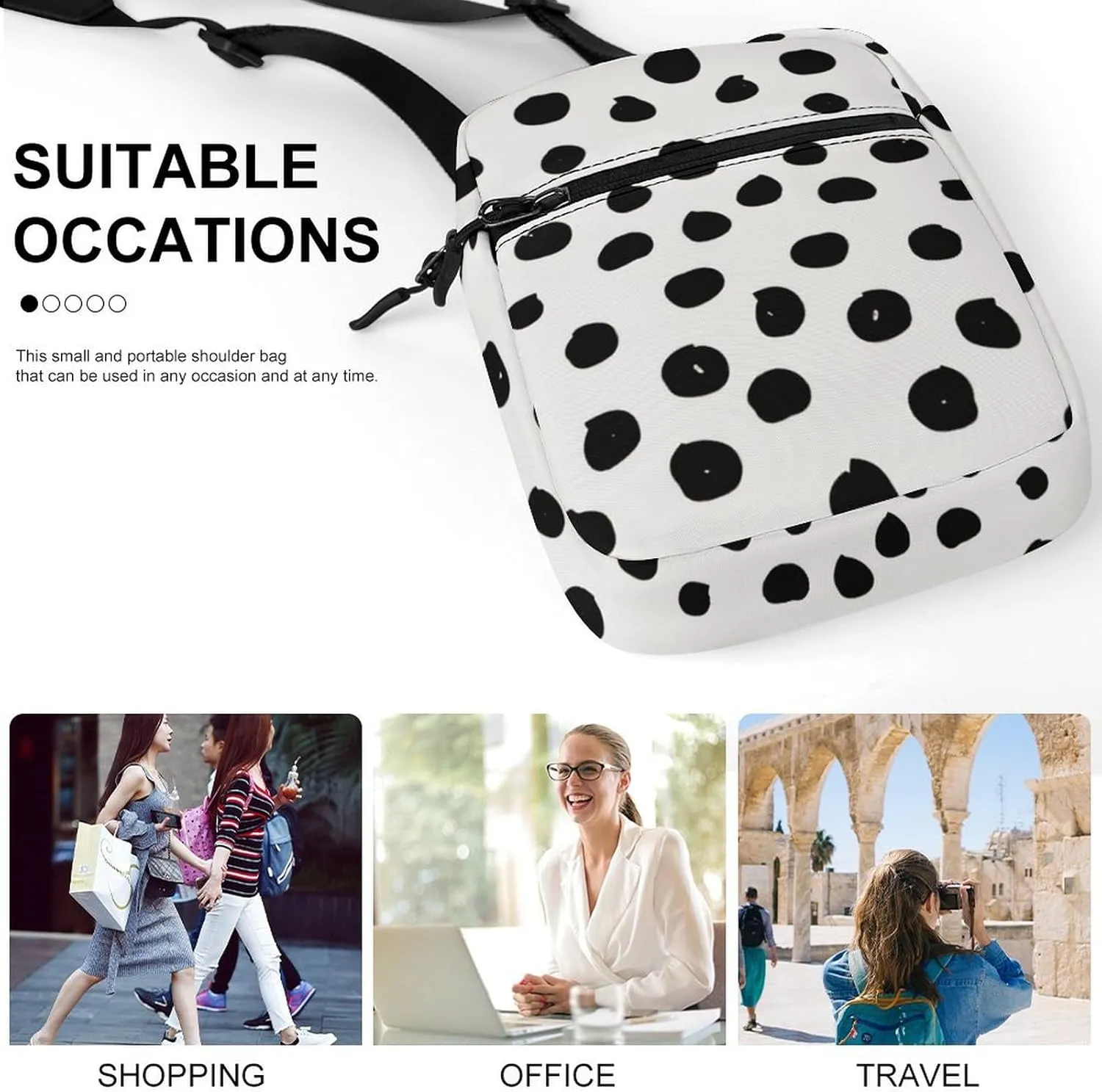 Animal Print Dots Black White Dalmatian Detachable Shoulder Strap Small Shoulder Bag Unisex