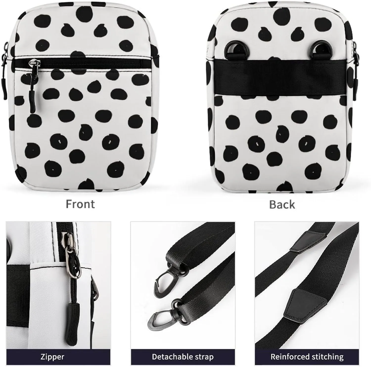 Animal Print Dots Black White Dalmatian Detachable Shoulder Strap Small Shoulder Bag Unisex