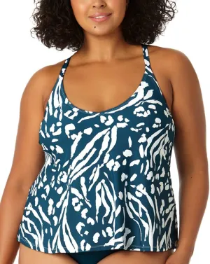 Anne Cole Womens Plus Animal Print Criss-Cross Tankini Swim Top Blue 20W