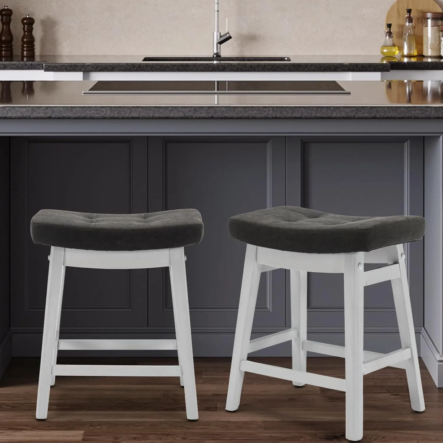 AQO Bar Stools Counter Height Set of 2 Solid Wood Legs PU Leather Saddle Soft Cushion Seat for 34"-40" Counter Island Upholstered Stools for Kitchen Counter Farmhouse